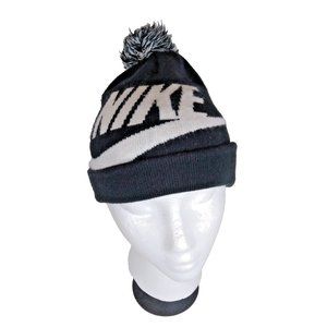 Nike Youth Knit Pom Beanie – Black & White Hat w/ Bold Logo – Sports Cap